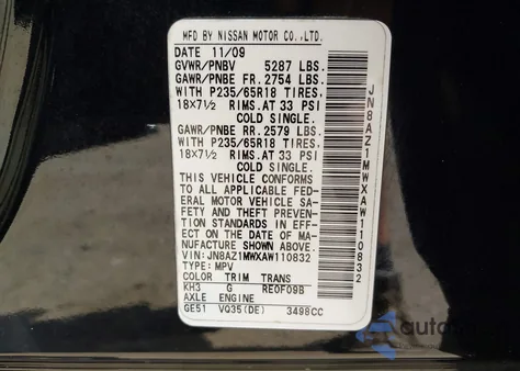 2010 Nissan Murano Sl from USA, damaged, VIN JN8AZ1MWXAW110832